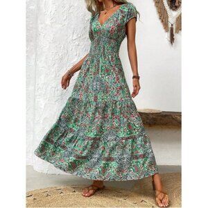 Boho Paisley Shirred Waist Ruffle Hem Maxi Dress